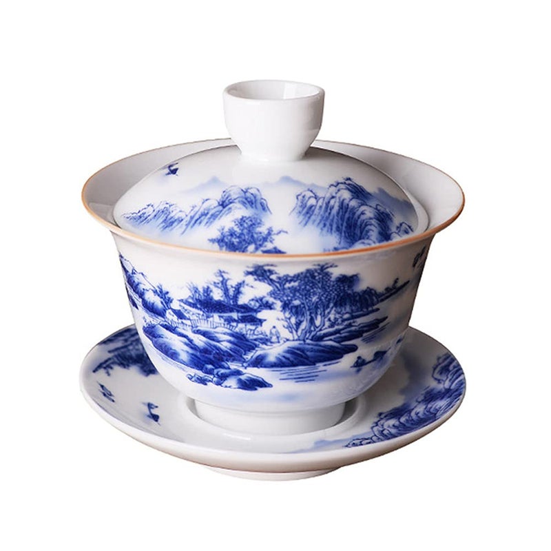 Woonsoon Jingdezhen Chinese Gaiwan Handmade 6.3oz/180ml Mountain Style China Blue and White Porcelain Gaiwan Kungfu Teacup Traditional Chinese Teaware Tea Set - Image 1